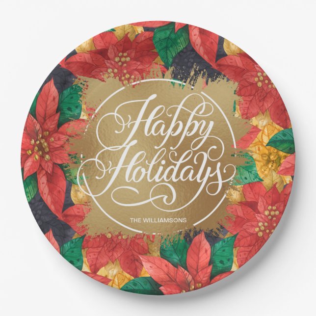 Poinsettias Gold Faux Foil Happy Holidays Paper Plates (Front)