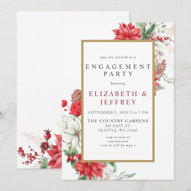 Poinsettias Gold Holly Christmas Engagement Party  Invitation (Front/Back)