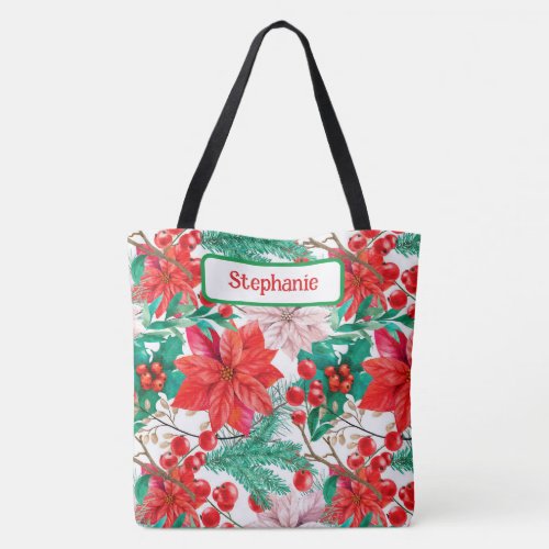 Poinsettias Holly Berries and Pine Boughs  Tote Bag