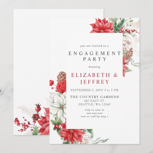 Poinsettias Holly Christmas Engagement Party Invitation (Front/Back)
