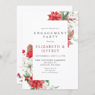 Poinsettias Holly Christmas Engagement Party Invitation