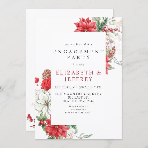 Poinsettias Holly Christmas Engagement Party Invitation