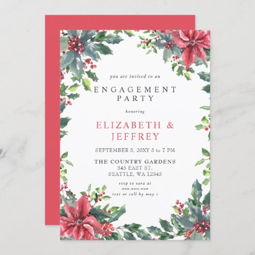 Poinsettias Holly Christmas Engagement Party  Invitation