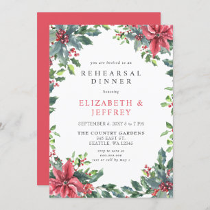 Poinsettias Holly Christmas Rehearsal Dinner Invitation