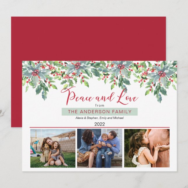 Poinsettias Holly Greenery Peace and Love 3 Photo Holiday Card (Front/Back)