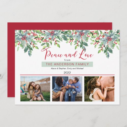 Poinsettias Holly Greenery Peace and Love 3 Photo Holiday Card