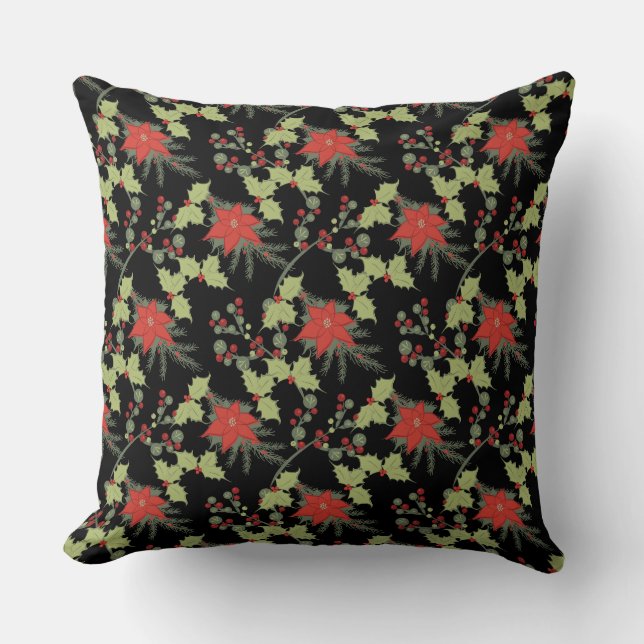 Poinsettias & Holly on Black | Holiday Throw Pillow (Front)