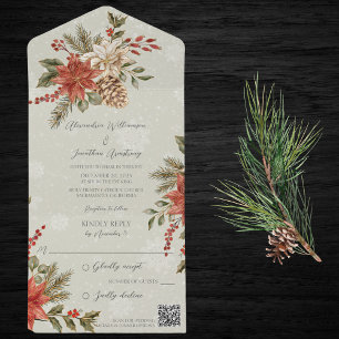 Poinsettias & Holly on Snowy Sage QR Code All In One Invitation