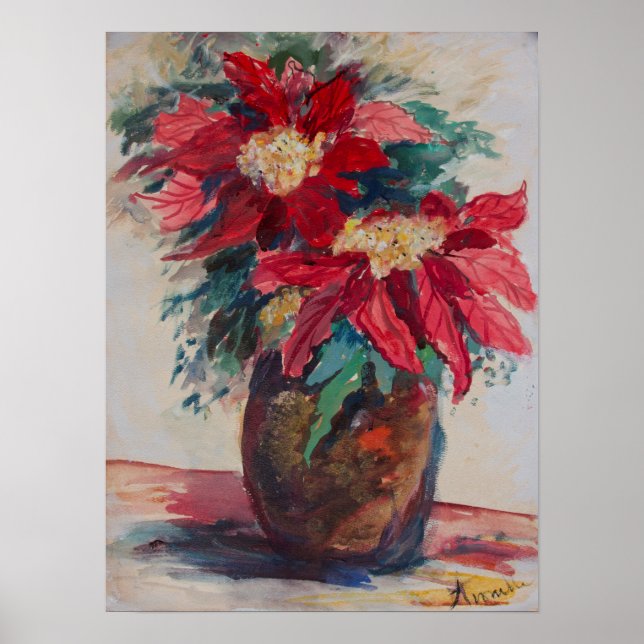 Poinsettias in a Brown Vase Poster (Front)