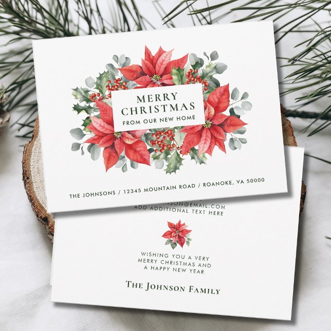 Poinsettias Merry Christmas from New Home   Announcement (Red Poinsettias Merry Christmas from Our New Home Holiday Moving Announcement with Envelope)