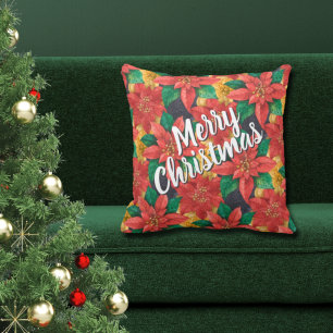 Poinsettias Merry Christmas Holiday Throw Pillow