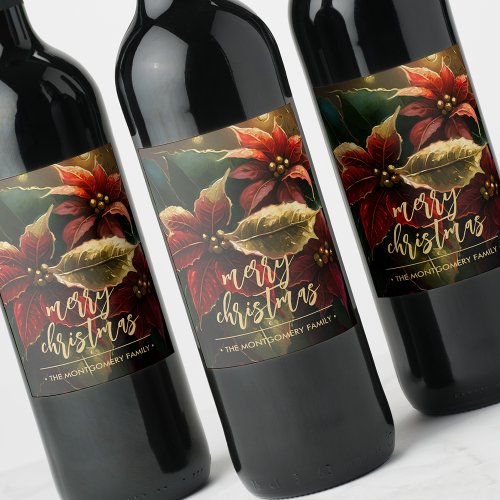 Poinsettias Merry Christmas Holiday  Wine Label