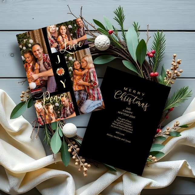 Poinsettias Minimalist Modern 4 Photos Collage Foil Holiday Card (Poinsettias Minimalist Modern 4 Photos Collage Christmas Metallic Foil Holidays Cards.)