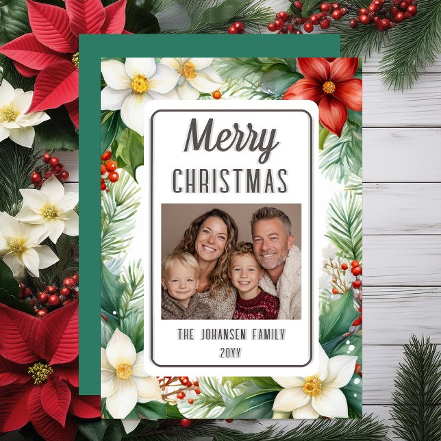 Poinsettias Narcissus and Pine Christmas Holiday Letterpress Photo Cards (Poinsettias, Narcissus and Pine Christmas Holiday Photo "Merry Christmas" Letterpress Photo Cards)