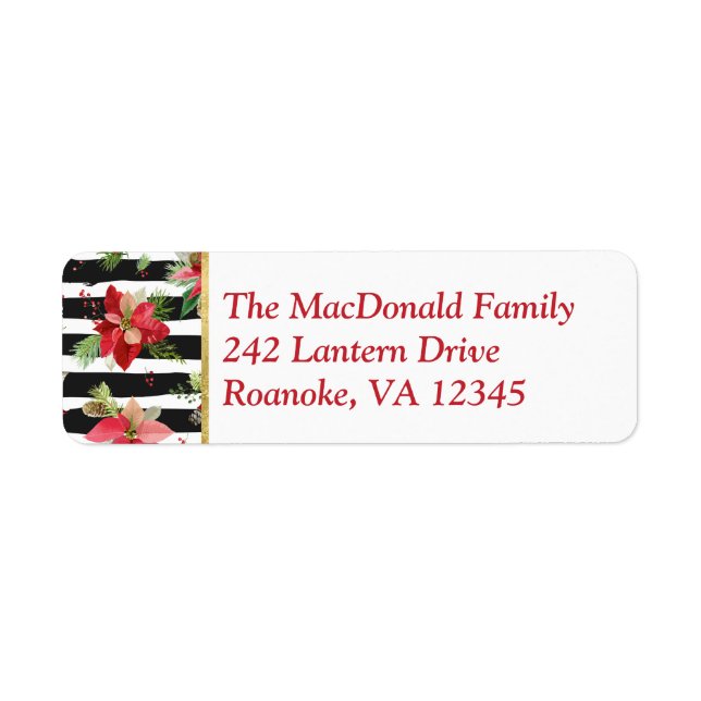 Poinsettias on Black, White Stripes Address Label (Front)