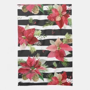 Poinsettias on Black, White Stripes Kitchen Towel
