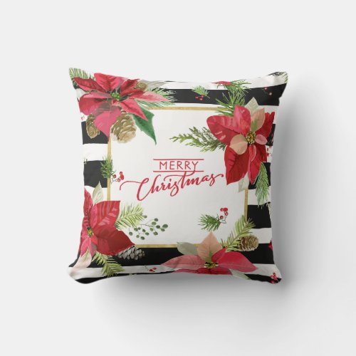 Poinsettias on Black White Stripes Pillow 3