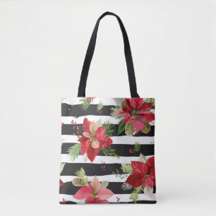 Poinsettias on Black, White Stripes Tote Bag