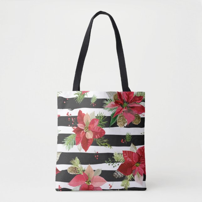 Poinsettias on Black, White Stripes Tote Bag (Front)