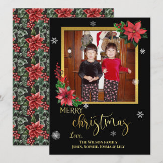 Poinsettias on Black With Gold Foil and Snowflakes Holiday Card