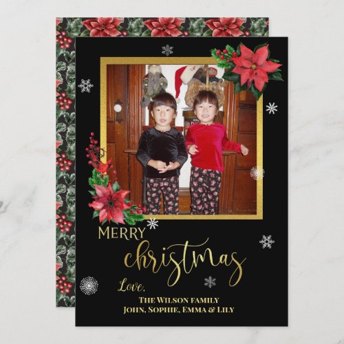Poinsettias on Black With Gold Foil and Snowflakes Holiday Card