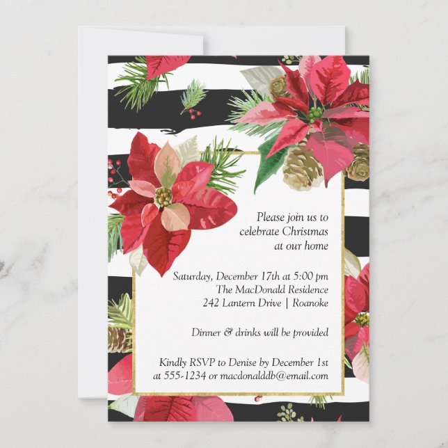 Poinsettias on Stripes Christmas Party Invitation (Front)