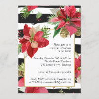 Poinsettias on Stripes Christmas Party Invitation