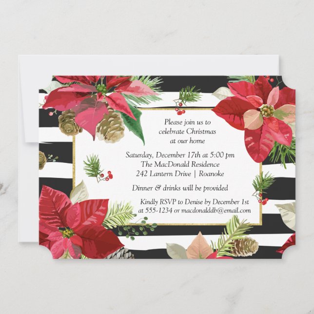 Poinsettias on Stripes Christmas Party Invite 2 (Front)