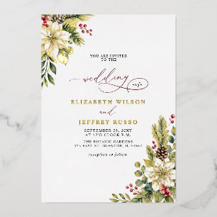 Poinsettias Pinecones Botanical Christmas Wedding Foil Invitation