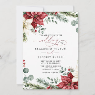 Poinsettias Pinecones Botanical Christmas Wedding Invitation
