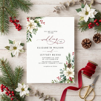 Poinsettias Pinecones Botanical Christmas Wedding Invitation