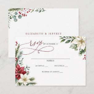 Poinsettias Pinecones Botanical Christmas Wedding RSVP Card