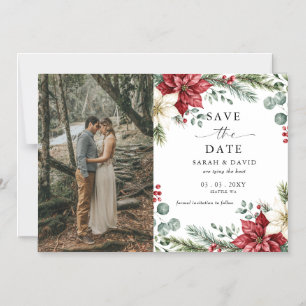 Poinsettias Pinecones Christmas Save the Date Magnetic Invitation