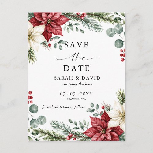 Poinsettias Pinecones Christmas Wedding  Announcement Postcard