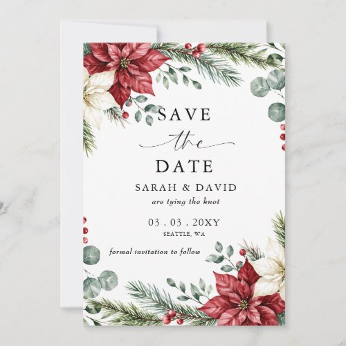 Poinsettias Pinecones Christmas Wedding Photo Save The Date