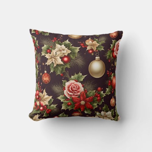 poinsettias pink roses whimsical gold red bauble throw pillow