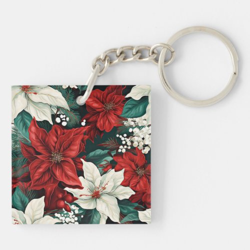Poinsettias red and white keychain