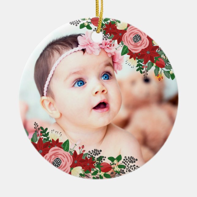 Poinsettias & Roses | Baby's First Christmas Ceramic Ornament (Front)