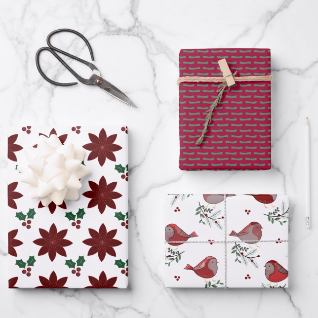 Poinsettias, Stipples, Birdies -  Wrapping Paper Sheets (Front)