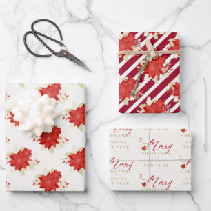 Poinsettias Whimsical Merry Christmas Wrapping Paper Sheets