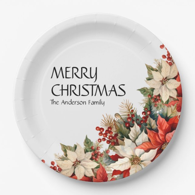 Poinsettias white  paper plates (Front)