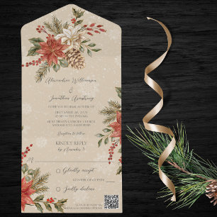 Poinsettias with Holly on Snowy Beige QR Code All In One Invitation