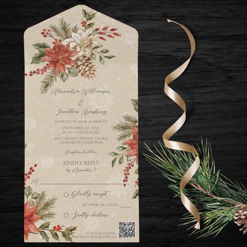 Poinsettias with Holly on Snowy Beige QR Code  All In One Invitation