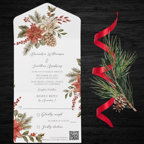 Poinsettias with Holly on White QR Code  All In One Invitation