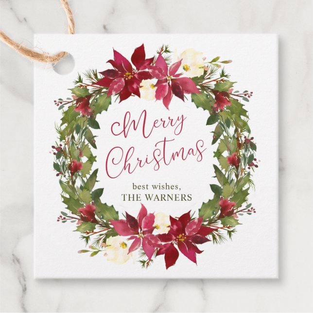 Poinsettias Wreath Christmas Favor Tags (Front)