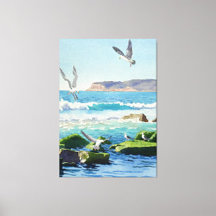 Point Loma Rocks Waves and Seagulls Canvas Print