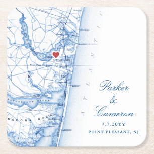 Point Pleasant NJ Map Wedding Favor Navy Blue Square Paper Coaster