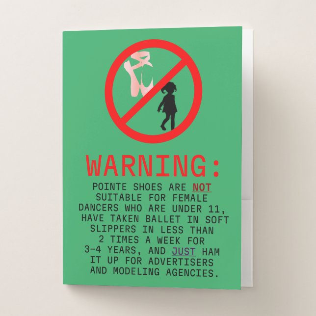 Pointe Shoes Warning Sea Green Personalized Pocket Folder (Front)