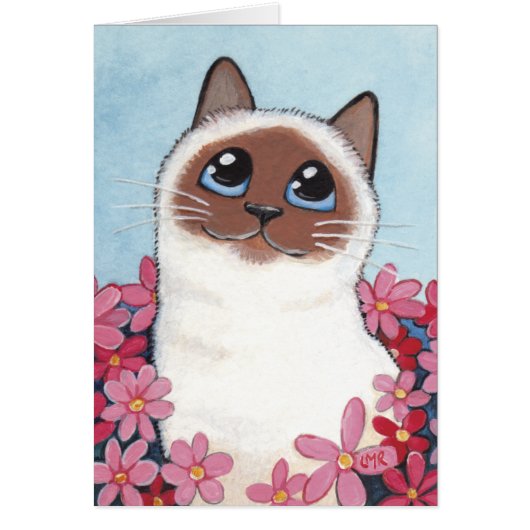 Pointed Birman Cat & Flowers - Cat Art Blank Card (Front)
