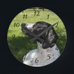 Pointer Love Round Clock<br><div class="desc">My stunning Black and White English German Shorthaired Pointer named Piper,  laying outside in the backyard,  photo by Sydney Badeau</div>